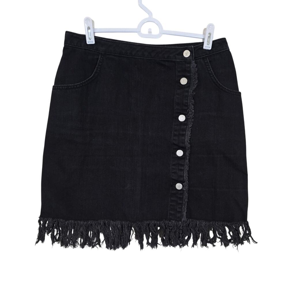 Women's Pilcro and the Letterpress Black Denim Button Front Fringe Skirt  Size 6